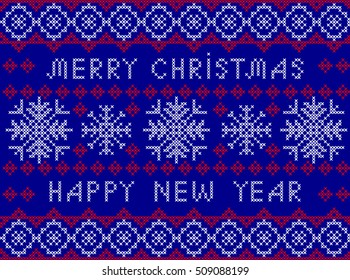 Christmas and New Year Pattern for Winter Holidays Design. Embroidered handmade cross-stitch ethnic pattern. Vector winter seamless pattern of white snowflakes on a blue background.
