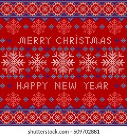 Christmas and New Year Pattern for Winter Holidays Design. Embroidered handmade cross-stitch ethnic pattern. Vector winter seamless pattern of white snowflakes on a red background.