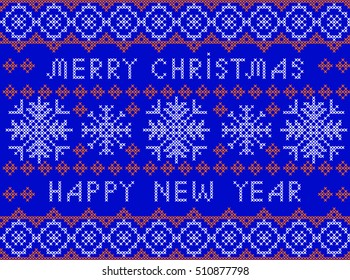 Christmas and New Year Pattern for Winter Holidays Design. Embroidered handmade cross-stitch ethnic pattern. Vector winter seamless pattern of white snowflakes on a blue background.