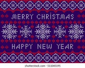 Christmas and New Year Pattern for Winter Holidays Design. Embroidered handmade cross-stitch ethnic pattern. Vector winter seamless pattern of white snowflakes on a violet background.
