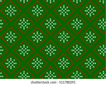 Christmas and New Year Pattern for Winter Holidays Design. Embroidered handmade cross-stitch ethnic pattern. Vector winter seamless pattern of white snowflakes on a green background.