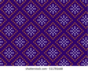 Christmas and New Year Pattern for Winter Holidays Design. Embroidered handmade cross-stitch ethnic pattern. Vector winter seamless pattern of white snowflakes on a violet background.