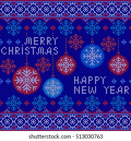 Christmas and New Year Pattern for Winter Holidays Design. Embroidered handmade cross-stitch ethnic pattern. Vector winter seamless pattern of white snowflakes on a blue background.