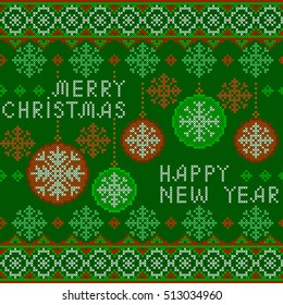 Christmas and New Year Pattern for Winter Holidays Design. Embroidered handmade cross-stitch ethnic pattern. Vector winter seamless pattern of white snowflakes on green  background.