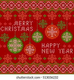 Christmas and New Year Pattern for Winter Holidays Design. Embroidered handmade cross-stitch ethnic pattern. Vector winter seamless pattern of white snowflakes on red background.