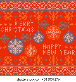 Christmas and New Year Pattern for Winter Holidays Design. Embroidered handmade cross-stitch ethnic pattern. Vector winter seamless pattern of white snowflakes on orange  background.