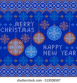 Christmas and New Year Pattern for Winter Holidays Design. Embroidered handmade cross-stitch ethnic pattern. Vector winter seamless pattern of white snowflakes on a blue background.