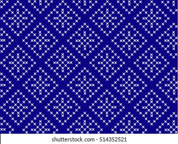 Christmas and New Year Pattern for Winter Holidays Design. Embroidered handmade cross-stitch ethnic pattern. Vector winter seamless pattern of white snowflakes on a blue background.