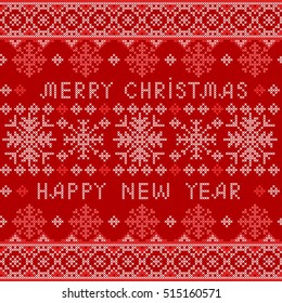 Christmas and New Year Pattern for Winter Holidays Design. Embroidered handmade cross-stitch ethnic pattern. Vector winter seamless pattern of white snowflakes on red background.