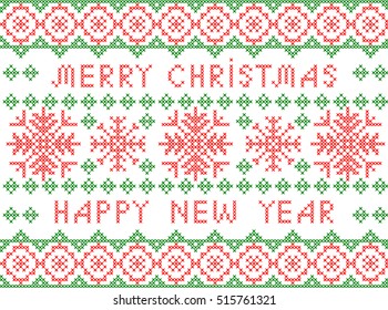 Christmas and New Year Pattern for Winter Holidays Design. Embroidered handmade cross-stitch ethnic pattern. Vector winter seamless pattern of red snowflakes on white or transparent  background.