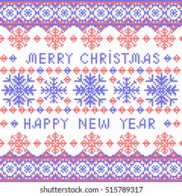 Christmas and New Year Pattern for Winter Holidays Design. Embroidered handmade cross-stitch ethnic pattern. Vector winter seamless pattern of blue snowflakes on white or transparent  background.
