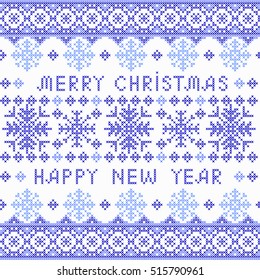 Christmas and New Year Pattern for Winter Holidays Design. Embroidered handmade cross-stitch ethnic pattern. Vector winter seamless pattern of blue snowflakes on white or transparent  background.
