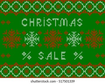 Christmas and New Year Pattern for Winter Holidays Design. Embroidered handmade cross-stitch ethnic vector winter seamless pattern of snowflakes on green background. Illustration of Christmas Sale