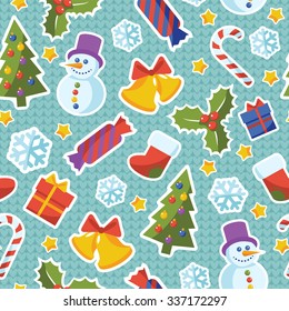 Christmas and New Year pattern with xmas tree, star, snowflake, bells, snowman, holly, candy, gift on knitted blue background