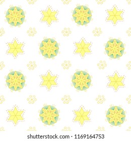 Christmas or New Year pattern with yellow stars and snowflakes on white background, for winter holidays design. Vector illustration. Template for Greeting Scrapbooking, Congratulations, Invitations.