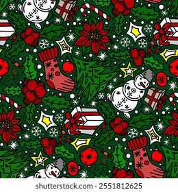 Navidades y patrones de Año Nuevo, garabatos sobre fondo verde. Patrón floral inconsútil-501.
