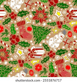 Weihnachts- und Neujahrsmuster, Doodles auf beigem Hintergrund. Nahtloses Blumenmuster-502.
