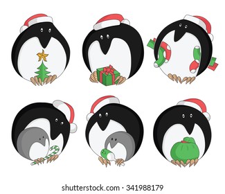 Christmas and new year penguins with gifts