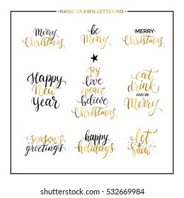 Christmas and New Year phrases and quotes - Merry Christmas, happy holidays, seasons greetings, let it snow, handwritten vector gold xmas lettering for greeting card, poster, invitation, banner, print
