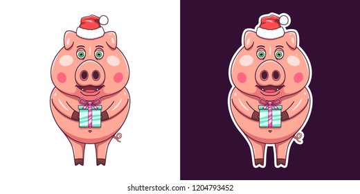 Christmas and New Year Pig in flat style. Vector Cartoon character, Cheerful and Smiling Pink Piglet with Santa Claus hat and Gift box, funny and cute Sticker. Isolated Piggy for New Year 2019