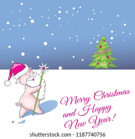 Christmas New year of the pig greeting card with funny cute cartoon pig Santa vector illustration.
