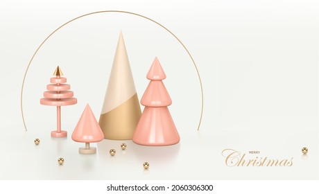 Christmas and New Year pink background. 3d render abstract Christmas tree scene concept decoration