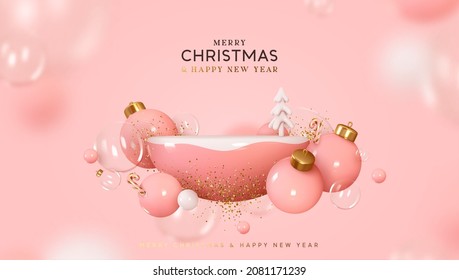 Christmas and New Year Pink background. Realistic 3d design stage podium, studio semi round sphere. Decorative festive elements glass bauble balls. Xmas holiday template podium. Vector illustration