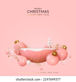 Christmas and New Year Pink background. Realistic 3d design stage podium, studio semi round sphere. Decorative festive elements glass bauble balls. Xmas holiday template podium. Vector illustration