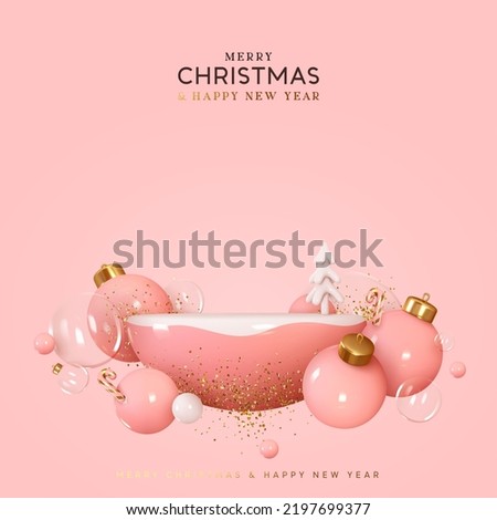Christmas and New Year Pink background. Realistic 3d design stage podium, studio semi round sphere. Decorative festive elements glass bauble balls. Xmas holiday template podium. Vector illustration