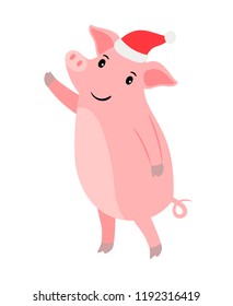 Christmas or new year pink pig in Santa hat, vector illustration