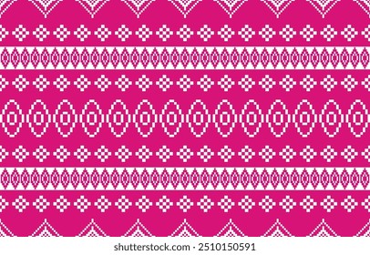 Christmas and New Year pink and white seamless pattern, fairytale pixel pattern in white and green with Nordic snowflakes for winter hats, ugly sweaters, jumpers. wallpaper, paper or other design