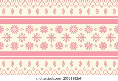 Christmas and New Year pink and white seamless pattern, fairytale pixel pattern in white and green with Nordic snowflakes for winter hats, ugly sweaters, jumpers. wallpaper, paper or other design