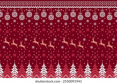 Christmas and New year pixel pattern design. Red, pink, white and beige Christmas ethnic pixel pattern. Reindeers, baubles, snowflakes and pine trees for Christmas postcard, gift wrap, clothes, knit.