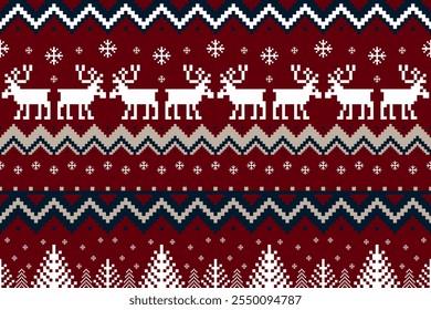 Christmas and New year pixel pattern design. Red, blue, green and beige Christmas ethnic pixel pattern. Reindeers, pine trees, and snowflakes for Christmas sweater, jumper, card, gift wrap, winter hat