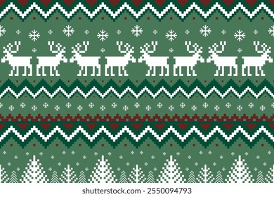 Christmas and New year pixel pattern design. Red, blue, green and beige Christmas ethnic pixel pattern. Reindeers, pine trees, and snowflakes for Christmas sweater, jumper, card, gift wrap, winter hat