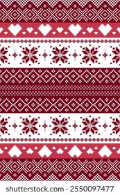 Christmas and New year pixel pattern design. Red, pink and white Christmas ethnic pixel patten. Nordic flowers and hearts for Christmas pillow, sweater, jumper, knitwear, socks, postcard, gift wrap.