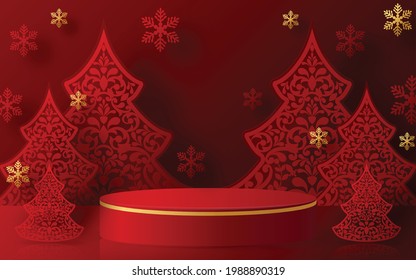 Christmas and New Year podium background vector design 3d products or show cosmetic product display. stage pedestal or platform. winter christmas red background. 