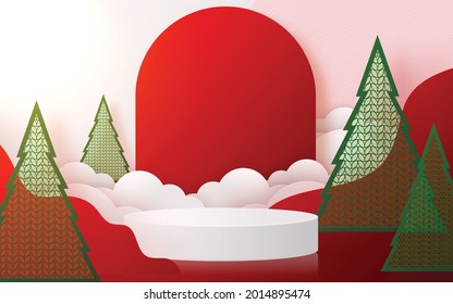 Christmas and New Year podium background vector design 3d products or show cosmetic product display. stage pedestal or platform. winter christmas red background.