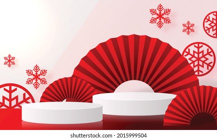 Christmas and New Year podium background vector design 3d products or show cosmetic product display. stage pedestal or platform. winter christmas red background.