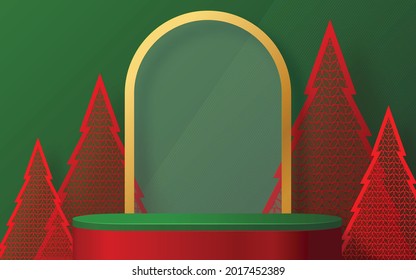 Christmas and New Year podium background vector design 3d products or show cosmetic product display. stage pedestal or platform. winter christmas red background.
