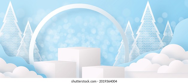 Christmas and New Year podium background vector design 3d products or show cosmetic product display. stage pedestal or platform. winter christmas red background.