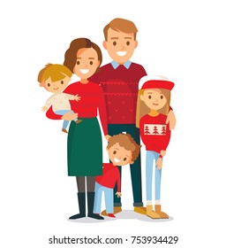 Christmas, new year portrait of big happy family standing together in festive outfit, clothes, dress. Vector people siblings, relatives. Mother and father with babies, children, mom, dad.
