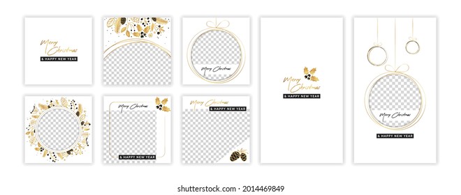 Christmas And New Year Post And Stories Template Set For Social Media. Gold Ornament Design Backgrounds For Blog, Online Shop