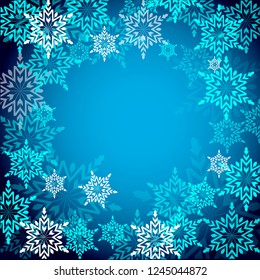 Christmas and New Year Postcard background with snowflakes on gradient blue background, vector illustration