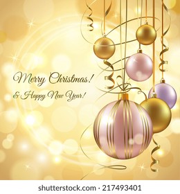 Christmas and new year postcard background template with decoration balls vector illustration