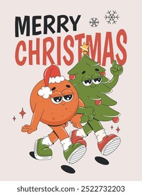Christmas and New year postcard. Cartoon Christmas tree and mandarin in retro groovy style.