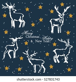Christmas and New Year. postcard with deer, moose print. Vector illustration.