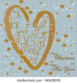 Christmas and New Year. postcard with deer, moose print. Vector illustration.