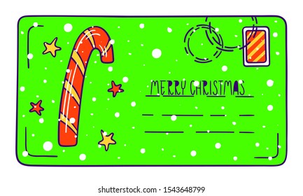 Christmas and New Year postcard or mail envelope with elements of candy and stars, hand lettering Merry Christmas and snowflakes on green background - Vector colorful illustration