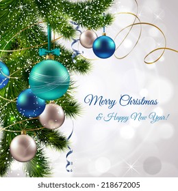 Christmas and new year postcard with pine tree branch and decoration balls vector illustration